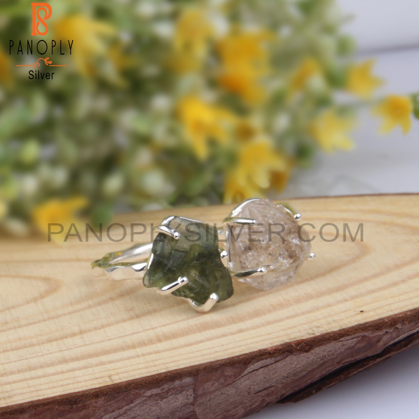 Herkimer Diamond & Moldavite  925 Silver Adjustable Ring