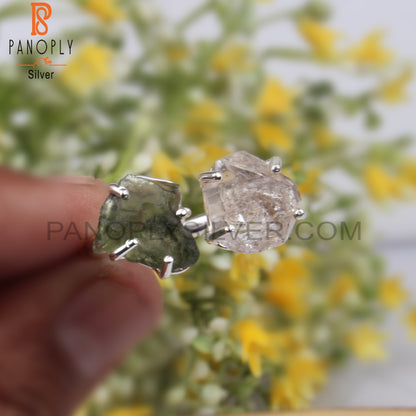 Herkimer Diamond & Moldavite  925 Silver Adjustable Ring