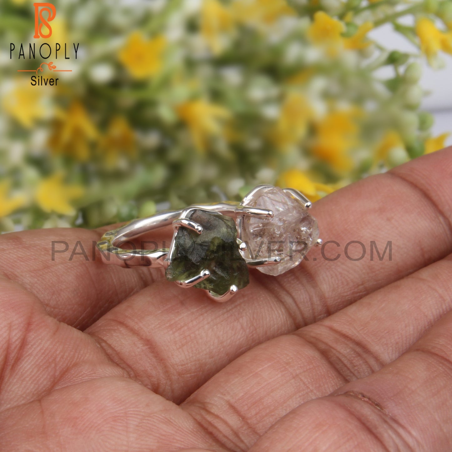 Herkimer Diamond & Moldavite  925 Silver Adjustable Ring