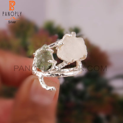 Libyan Desert Glass & Moldavite 925 Sterling Silver Ring