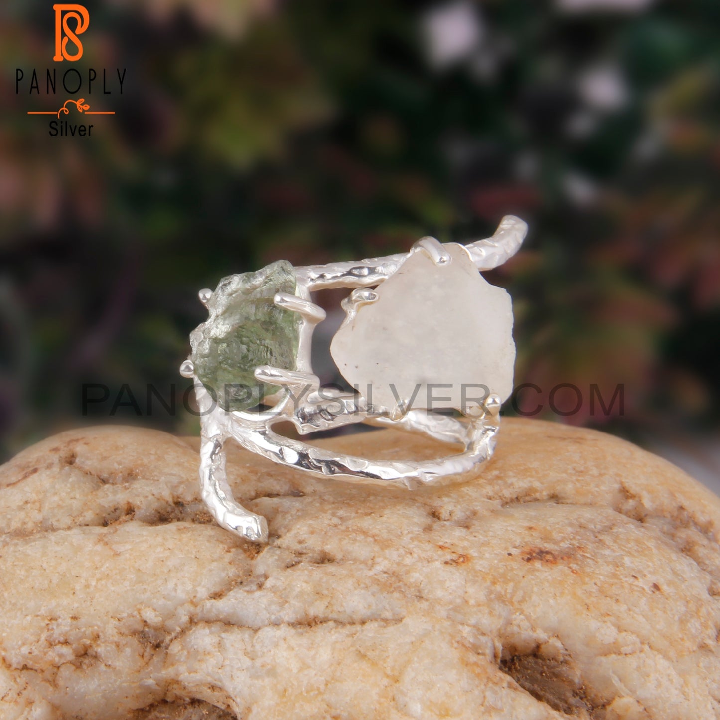 Libyan Desert Glass & Moldavite 925 Sterling Silver Ring