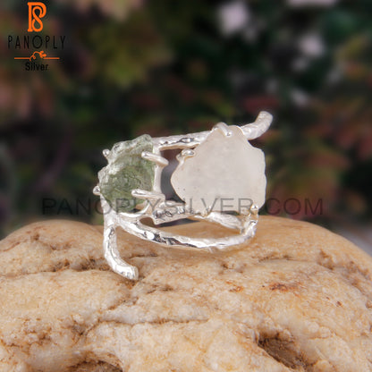 Libyan Desert Glass & Moldavite 925 Sterling Silver Ring