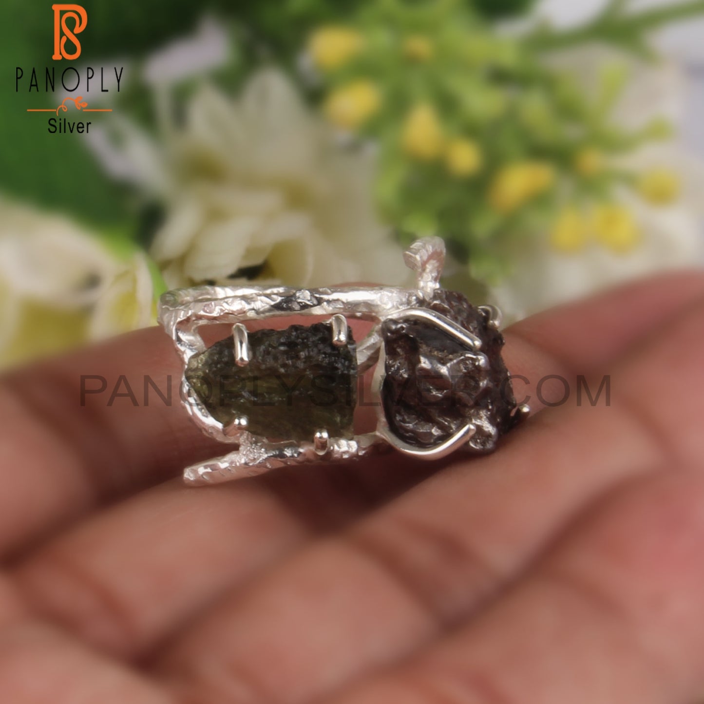 Rough Meteorite & Moldavite 925 Silver Party Wear Ring