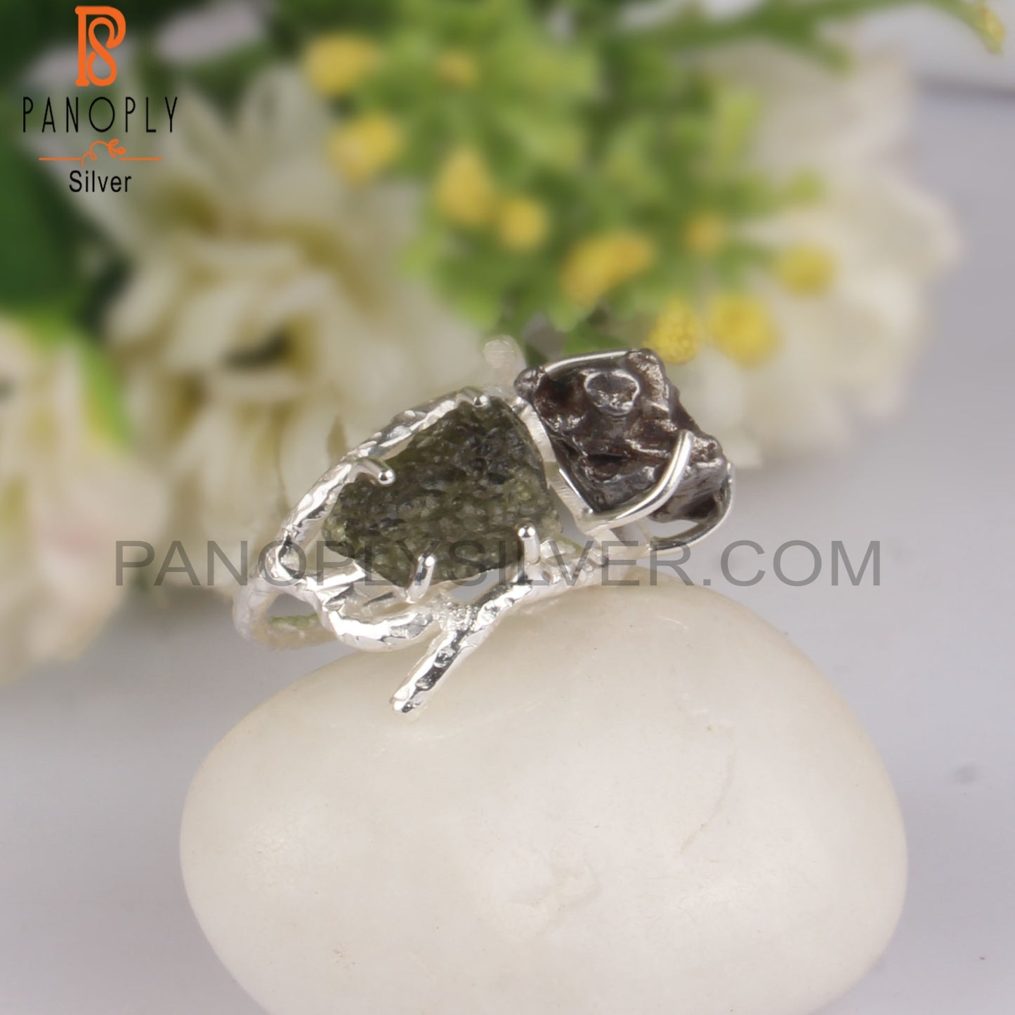 Rough Meteorite & Moldavite 925 Silver Party Wear Ring