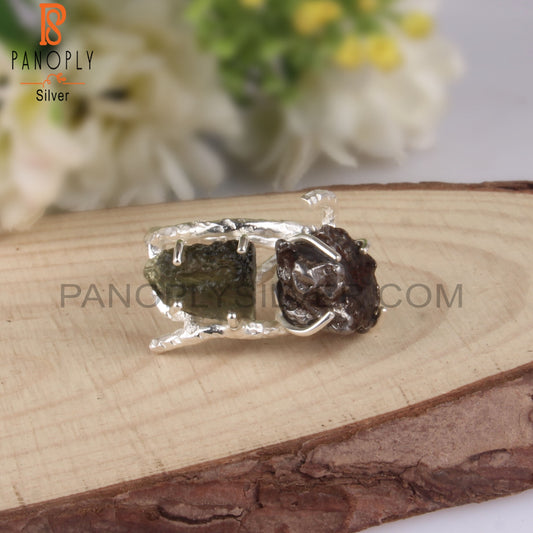 Rough Meteorite & Moldavite 925 Silver Party Wear Ring
