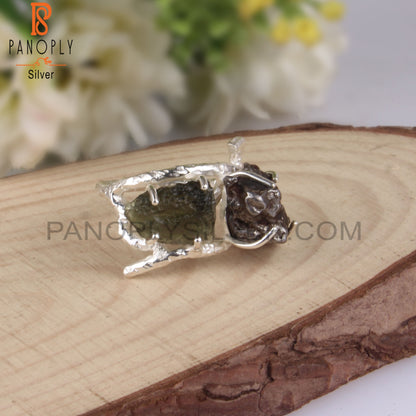 Rough Meteorite & Moldavite 925 Silver Party Wear Ring