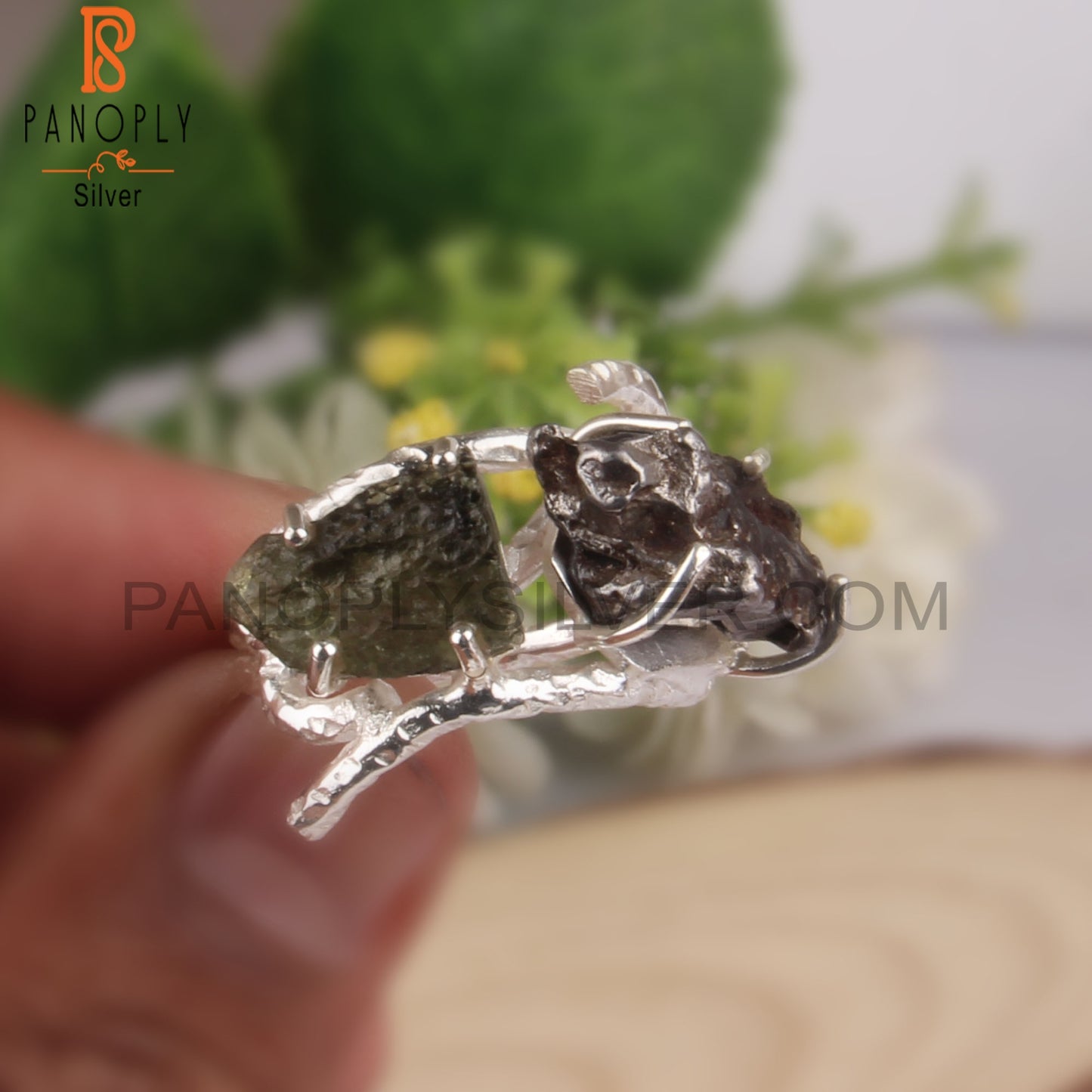 Rough Meteorite & Moldavite 925 Silver Party Wear Ring