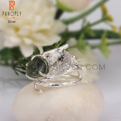 Stylish Herkimer Diamond & Moldavite 925 Silver Ring
