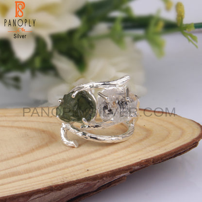 Stylish Herkimer Diamond & Moldavite 925 Silver Ring