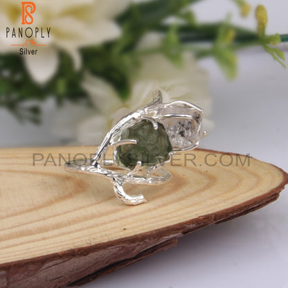 Stylish Herkimer Diamond & Moldavite 925 Silver Ring