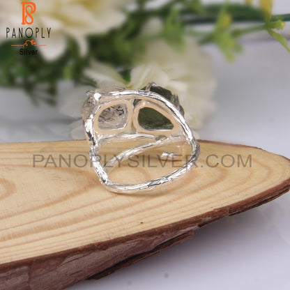 Stylish Herkimer Diamond & Moldavite 925 Silver Ring