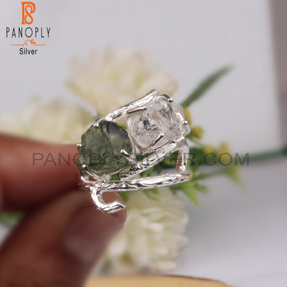 Stylish Herkimer Diamond & Moldavite 925 Silver Ring