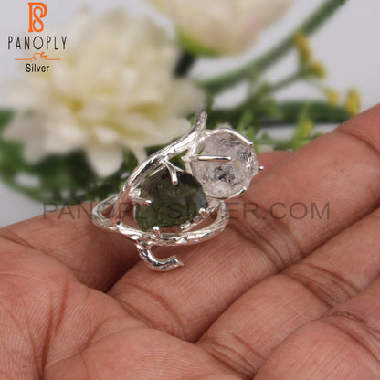 Stylish Herkimer Diamond & Moldavite 925 Silver Ring
