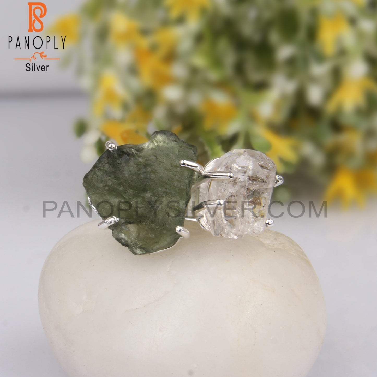 Herkimer Diamond & Moldavite Sterling Silver Statement Ring