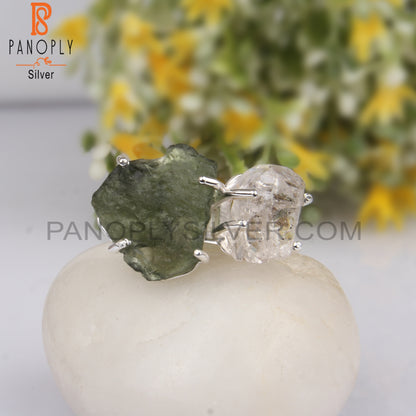 Herkimer Diamond & Moldavite Sterling Silver Statement Ring