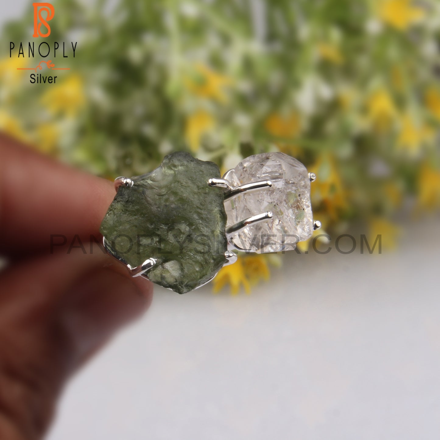 Herkimer Diamond & Moldavite Sterling Silver Statement Ring