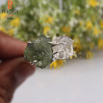 Herkimer Diamond & Moldavite Sterling Silver Statement Ring