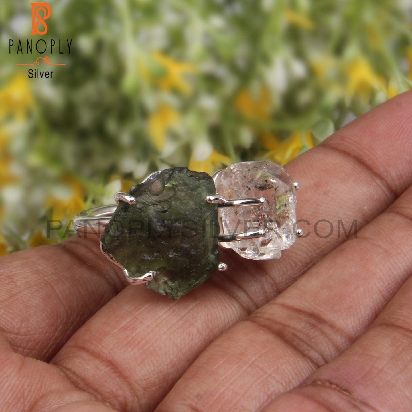 Herkimer Diamond & Moldavite Sterling Silver Statement Ring