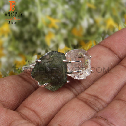 Herkimer Diamond & Moldavite Sterling Silver Statement Ring