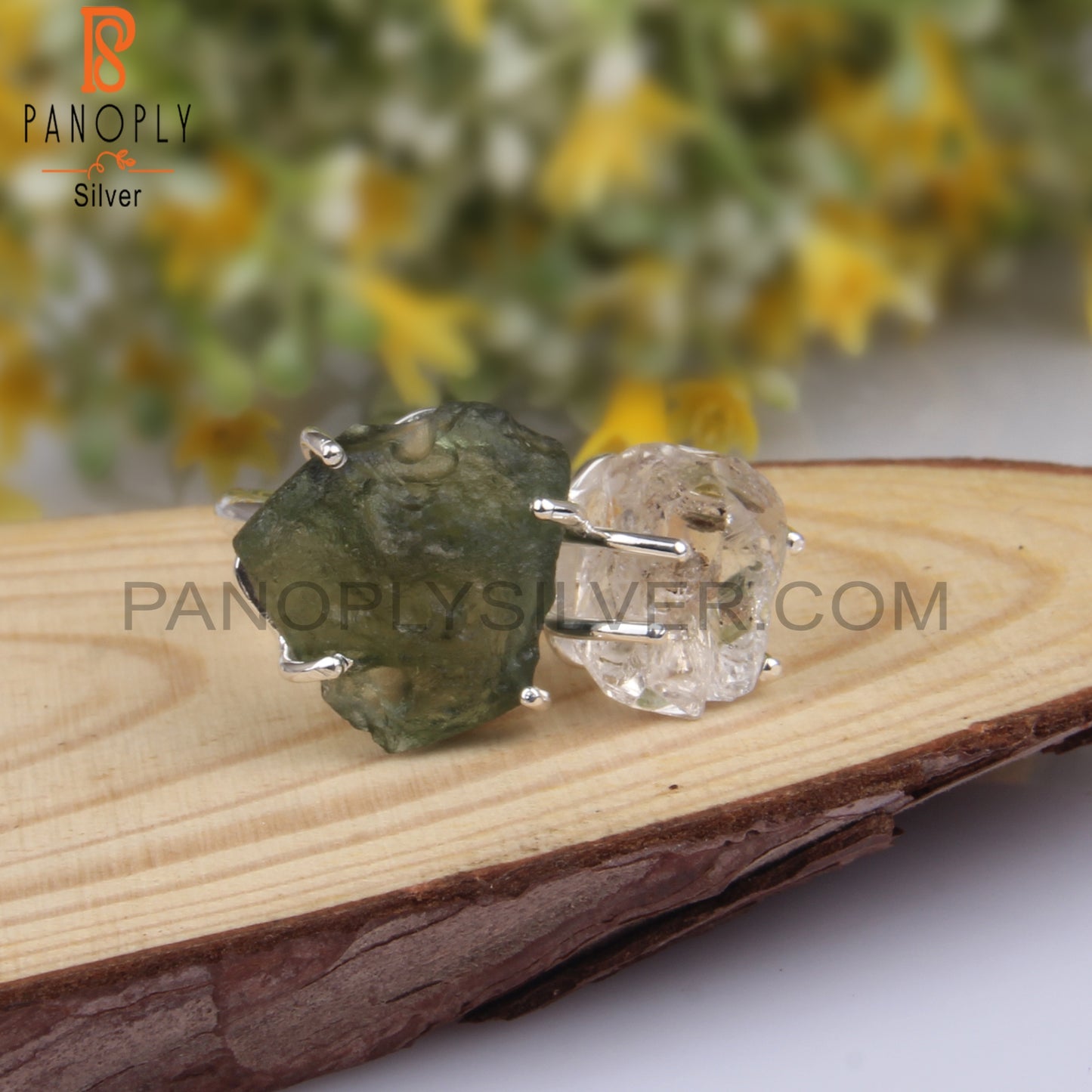 Herkimer Diamond & Moldavite Sterling Silver Statement Ring