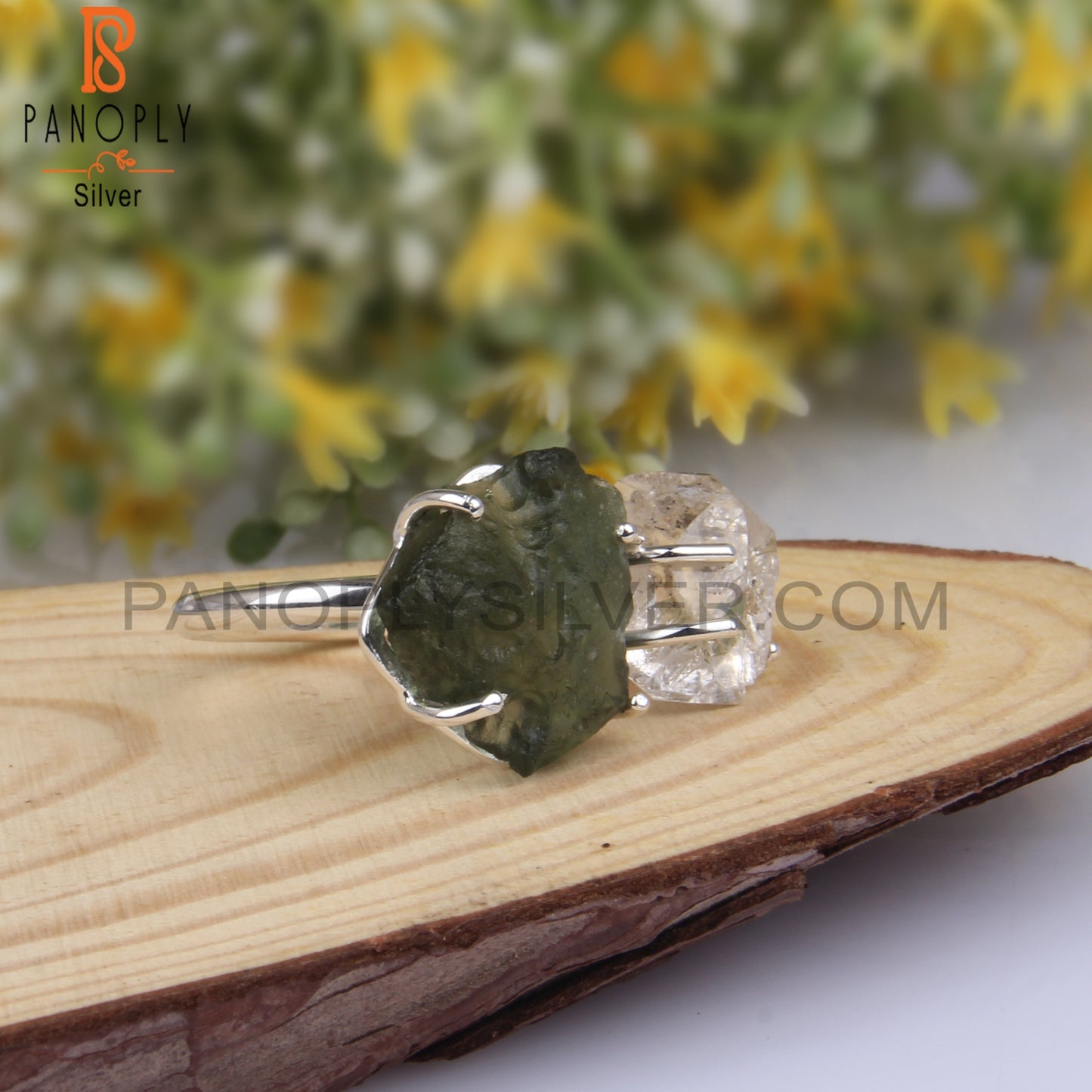 Herkimer Diamond & Moldavite Sterling Silver Statement Ring