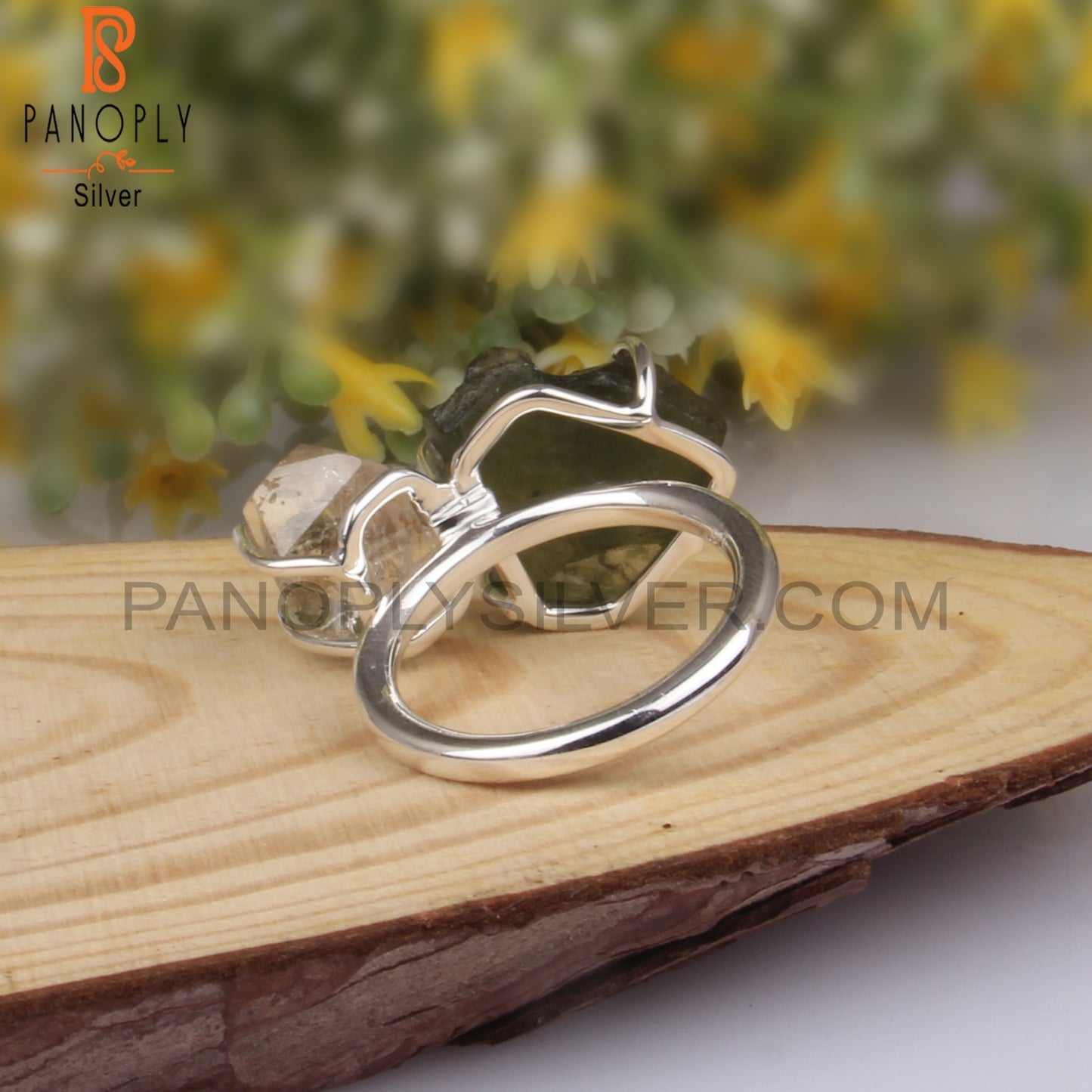 Herkimer Diamond & Moldavite Sterling Silver Statement Ring