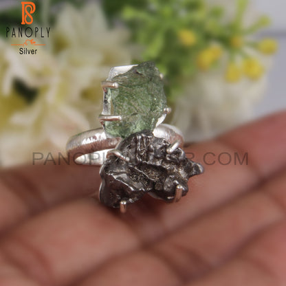 Rough Meteorite & Moldavite 925 Sterling Silver Ring