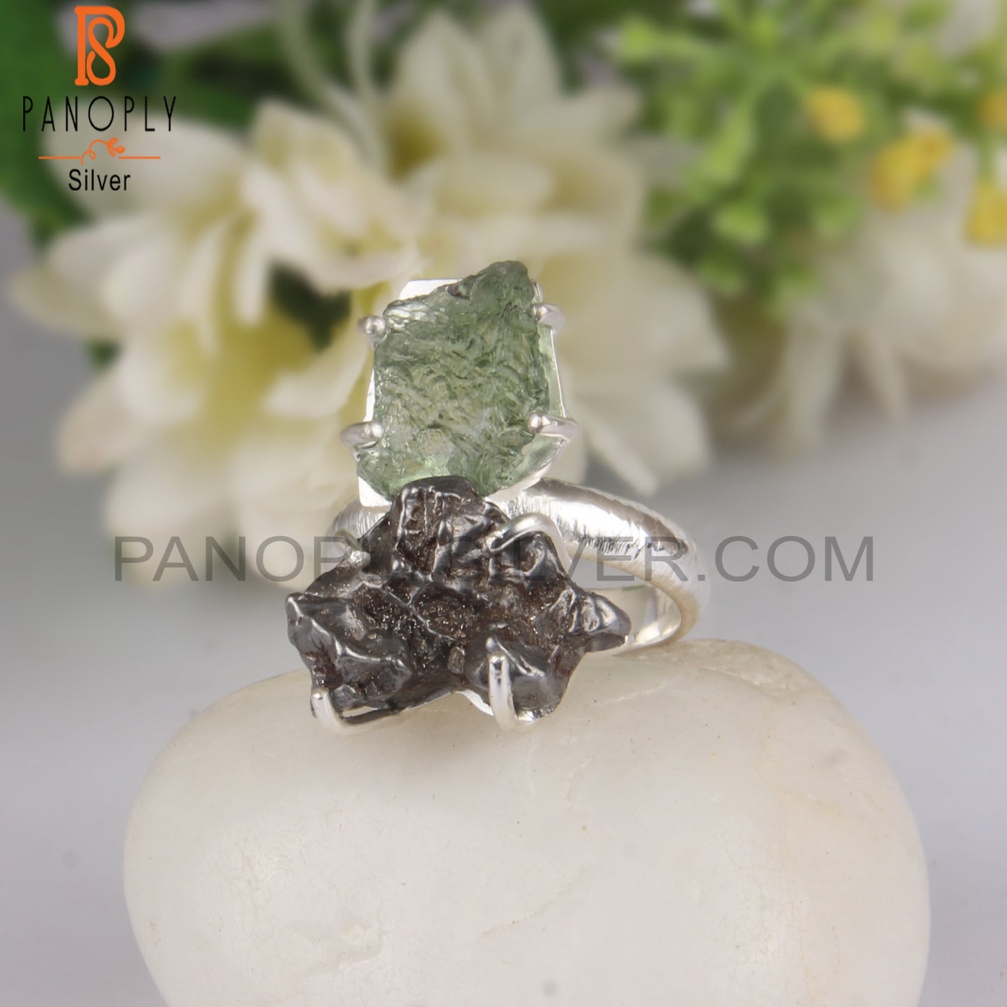Rough Meteorite & Moldavite 925 Sterling Silver Ring