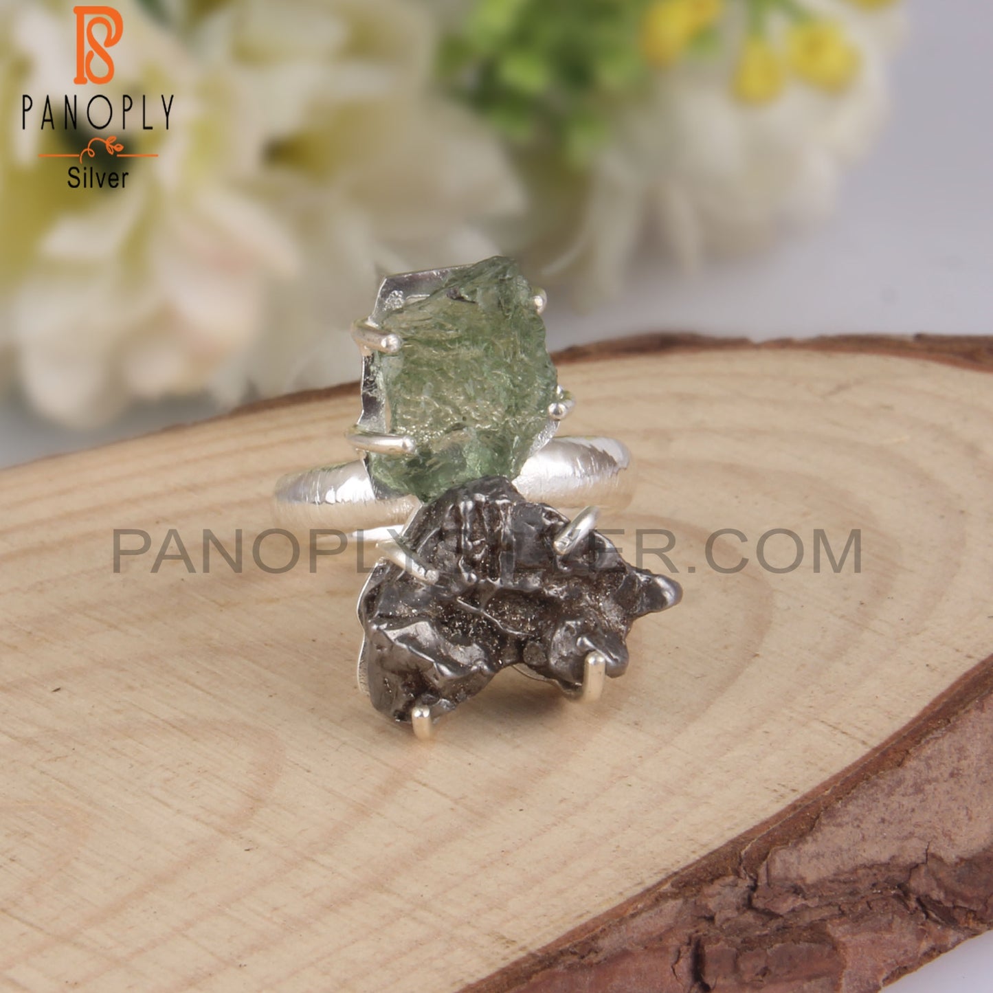 Rough Meteorite & Moldavite 925 Sterling Silver Ring