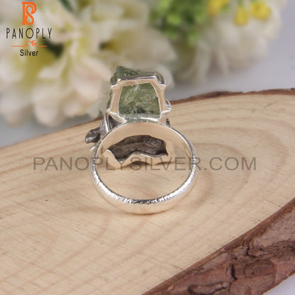Rough Meteorite & Moldavite 925 Sterling Silver Ring
