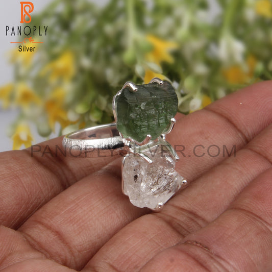 Handmade Herkimer Diamond & Moldavite 925 Stamp Silver Ring