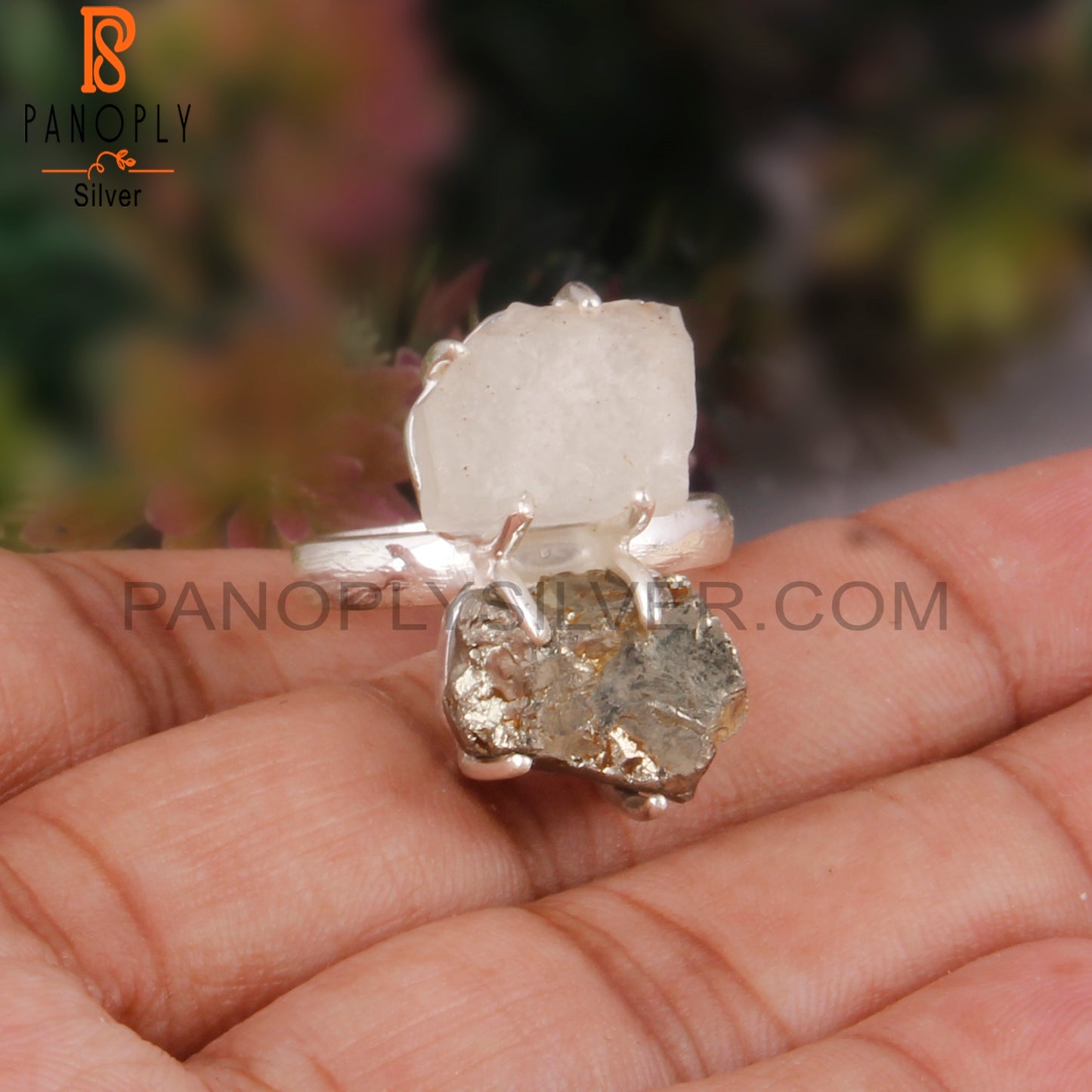 Libyan Desert Glass & Pyrite 925 Sterling Silver Ring