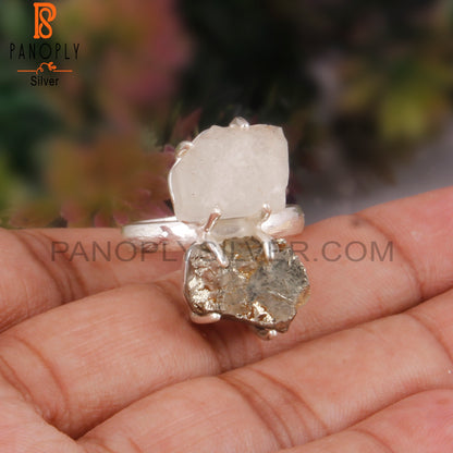 Libyan Desert Glass & Pyrite 925 Sterling Silver Ring