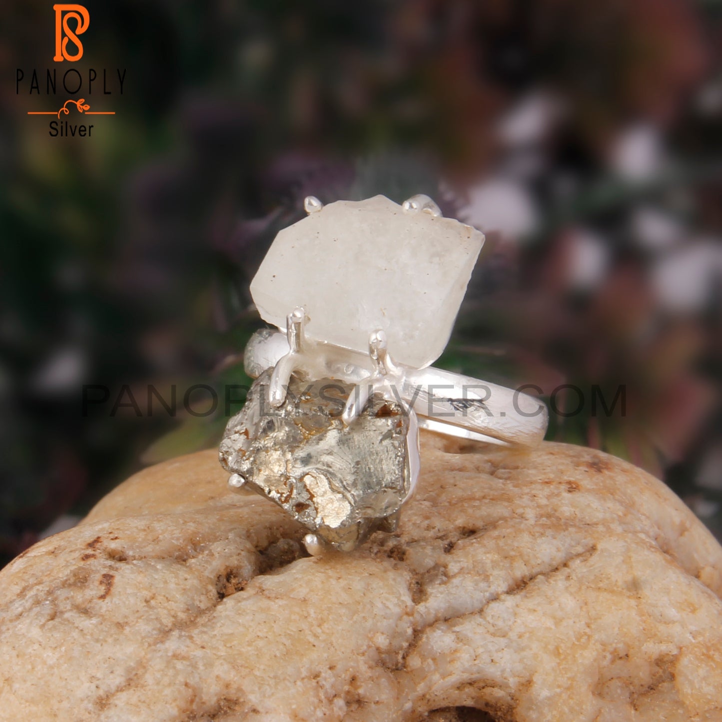 Libyan Desert Glass & Pyrite 925 Sterling Silver Ring