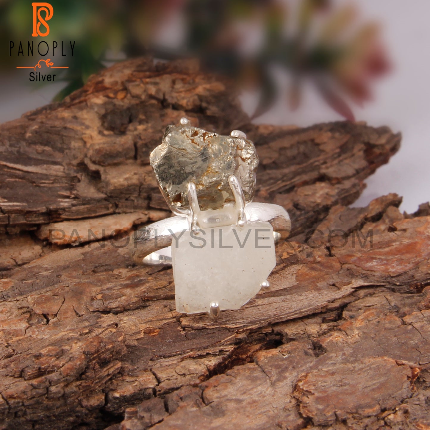 Libyan Desert Glass & Pyrite 925 Sterling Silver Ring