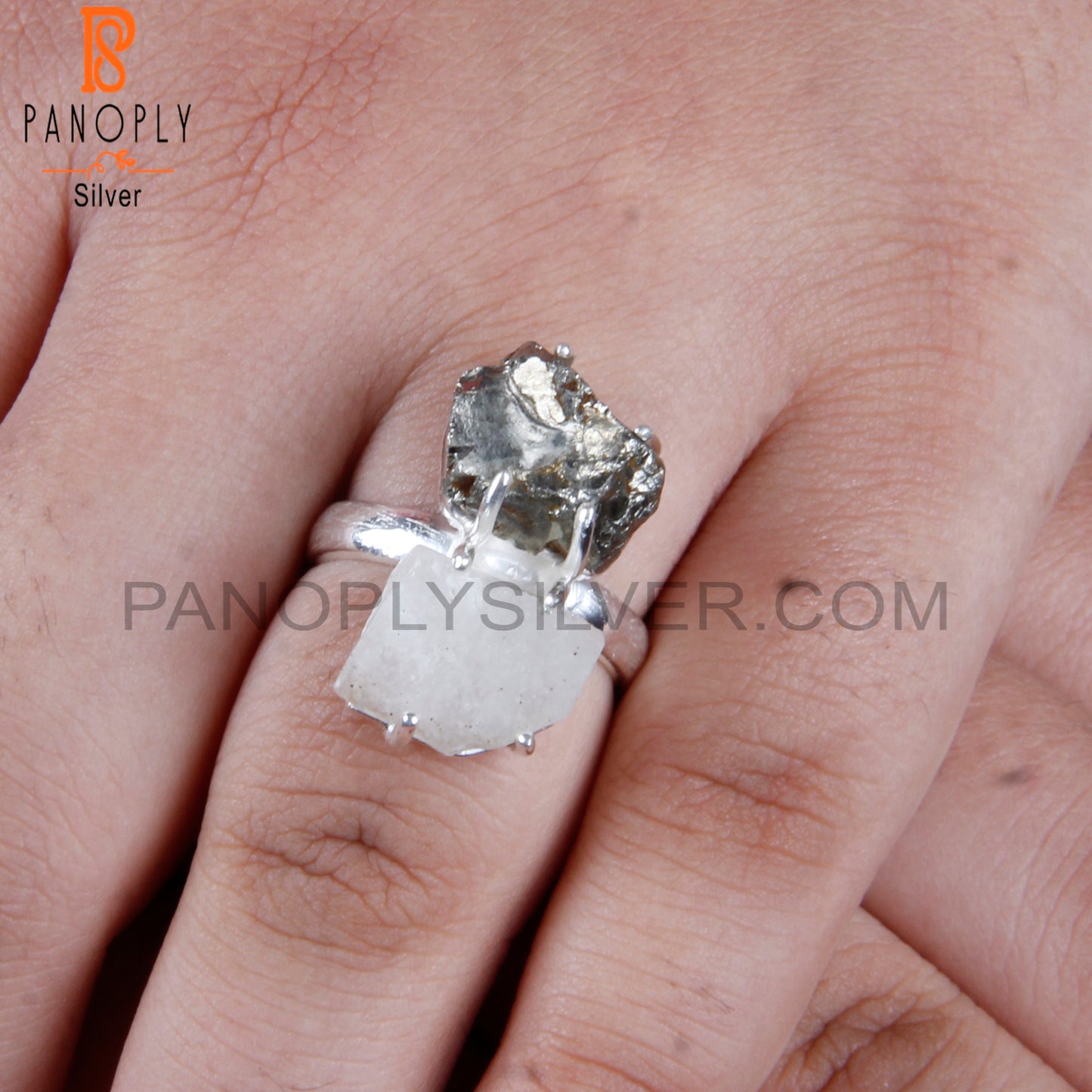 Libyan Desert Glass & Pyrite 925 Sterling Silver Ring