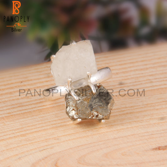 Libyan Desert Glass & Pyrite 925 Sterling Silver Ring