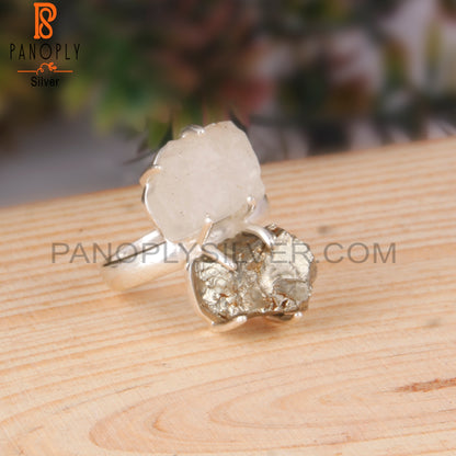 Libyan Desert Glass & Pyrite 925 Sterling Silver Ring