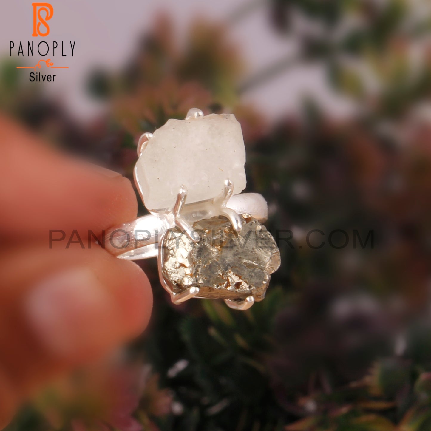 Libyan Desert Glass & Pyrite 925 Sterling Silver Ring