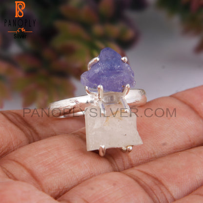 Libyan Desert Glass & Tanzanite 925 Sterling Silver Ring