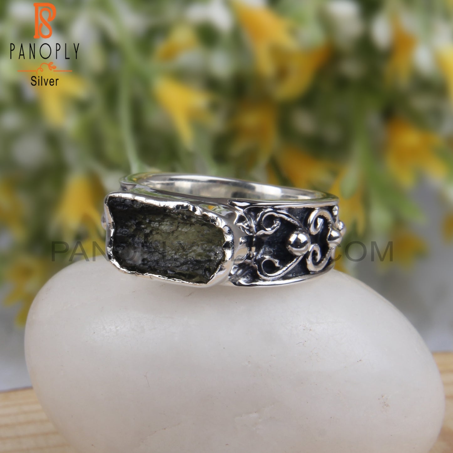 Moldavite Rough Gemstone 925 Silver Aesthetic Ring