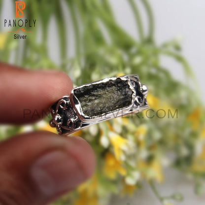Moldavite Rough Gemstone 925 Silver Aesthetic Ring