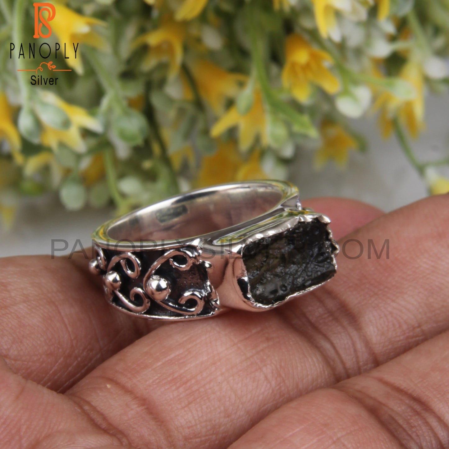 Moldavite Rough Gemstone 925 Silver Aesthetic Ring