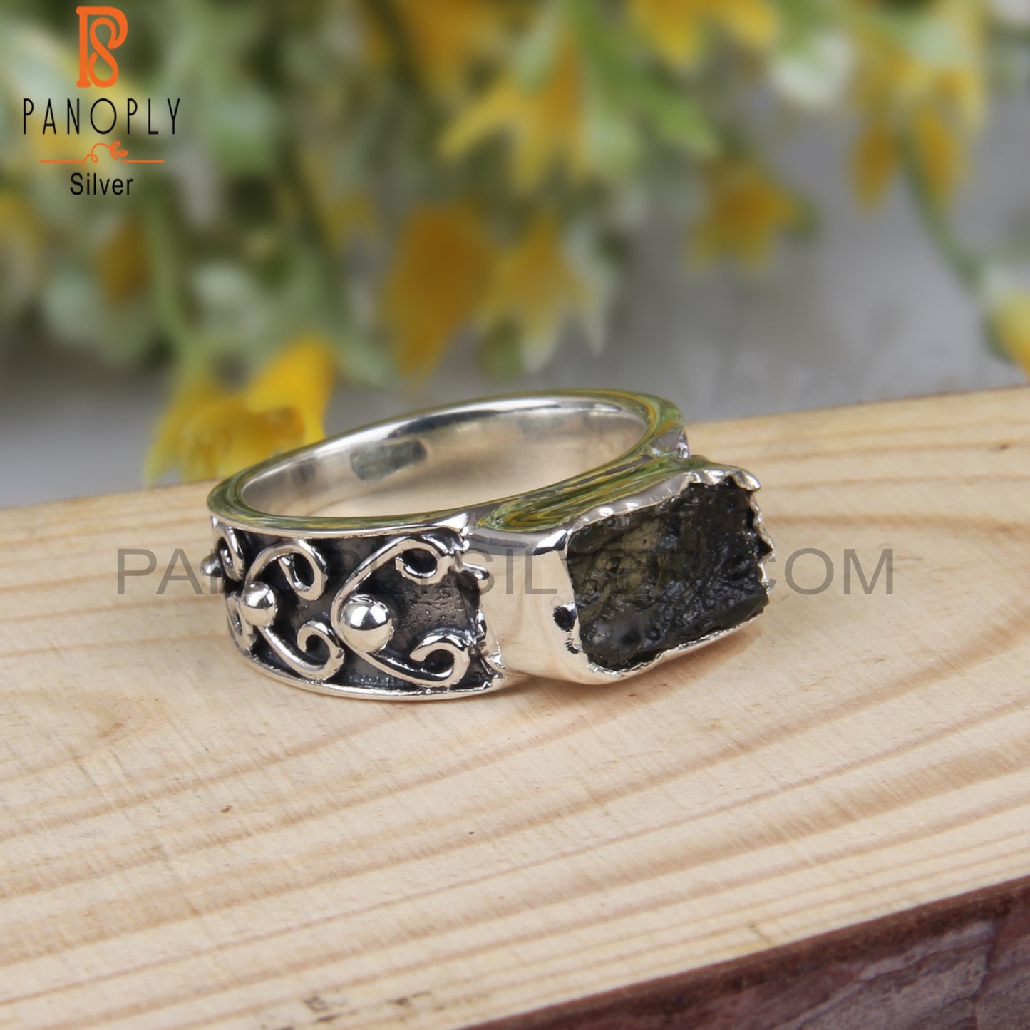 Moldavite Rough Gemstone 925 Silver Aesthetic Ring