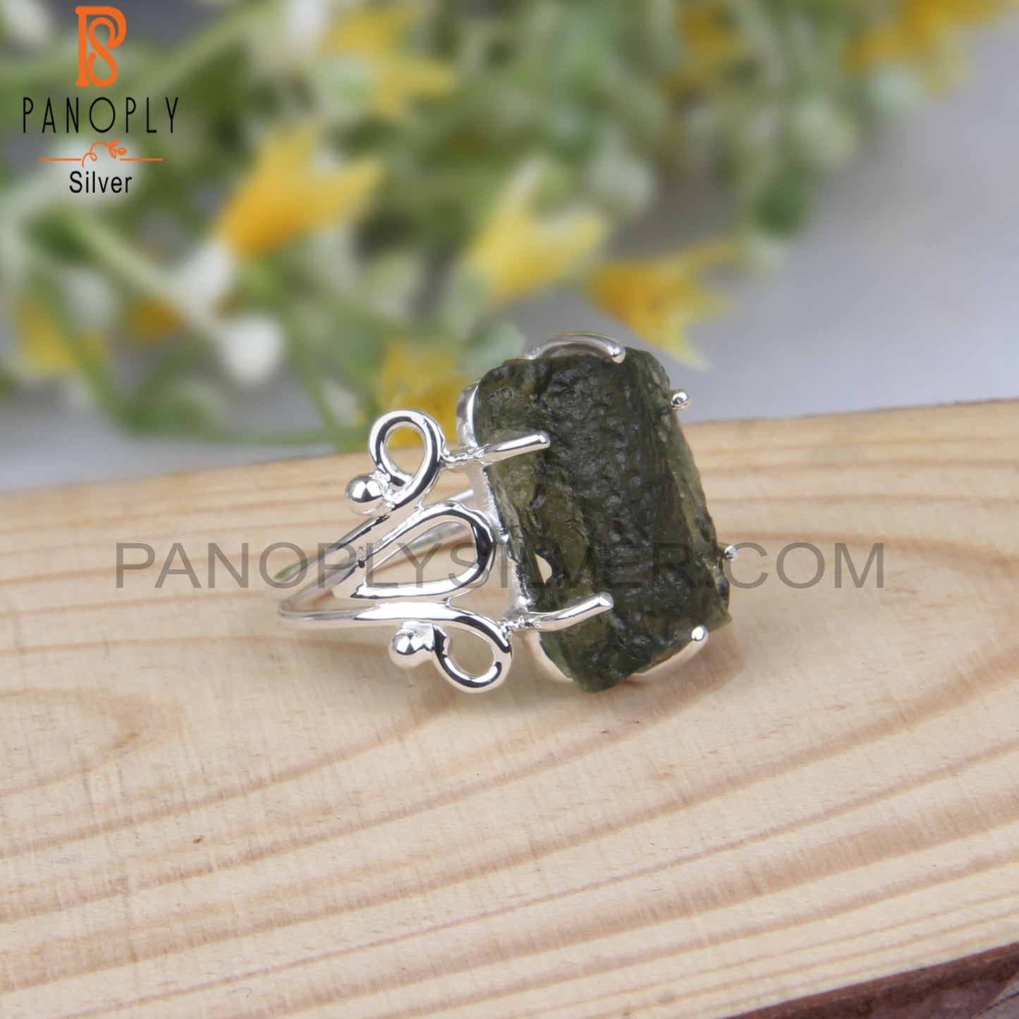 Moldavite Rough Gemstone 925 Sterling Silver Stylish Ring