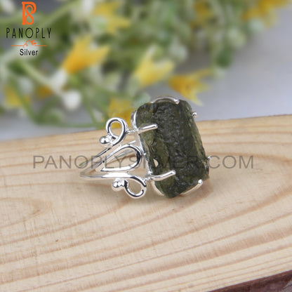 Moldavite Rough Gemstone 925 Sterling Silver Stylish Ring
