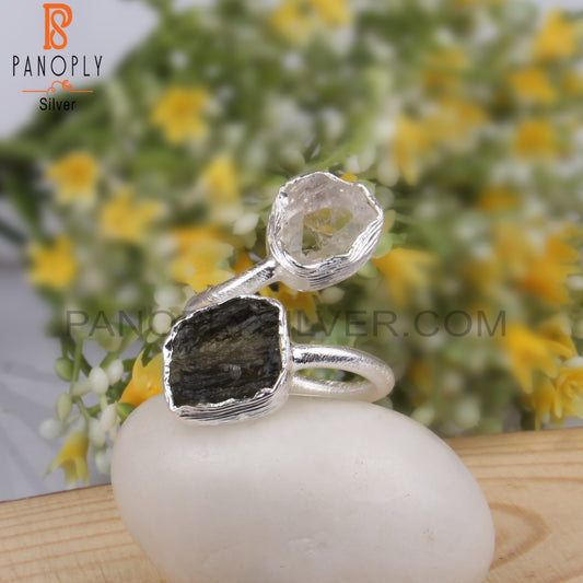 Herkimer Diamond & Moldavite 925 Silver Adjustable Ring