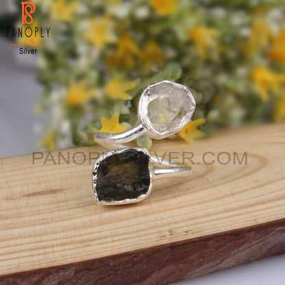 Herkimer Diamond & Moldavite 925 Silver Adjustable Ring