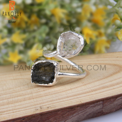 Herkimer Diamond & Moldavite 925 Silver Adjustable Ring