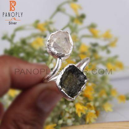 Herkimer Diamond & Moldavite 925 Silver Adjustable Ring